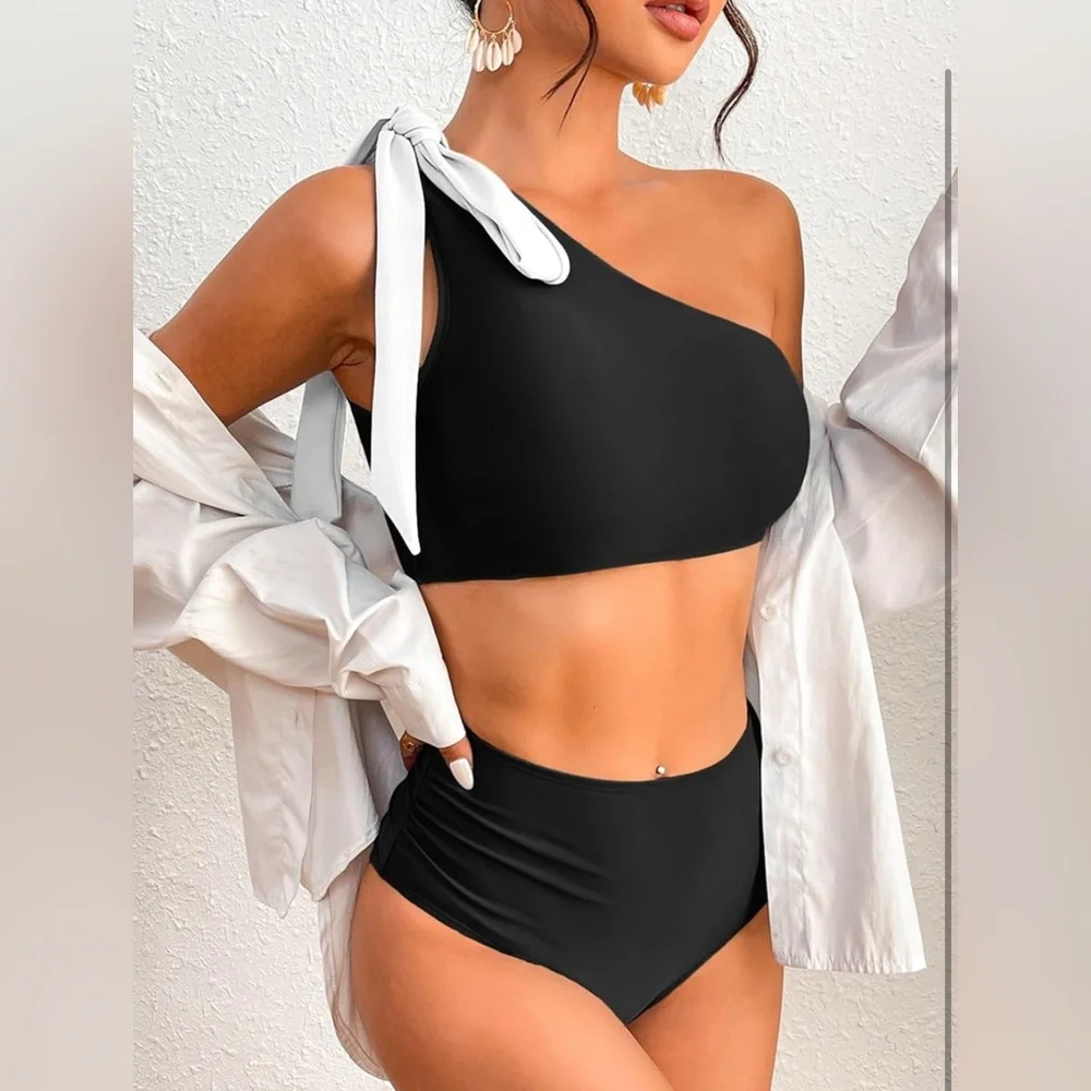 Women's XL Black One Shoulder High Waist Bikini Swimsuit White Bow Tie Beachwear